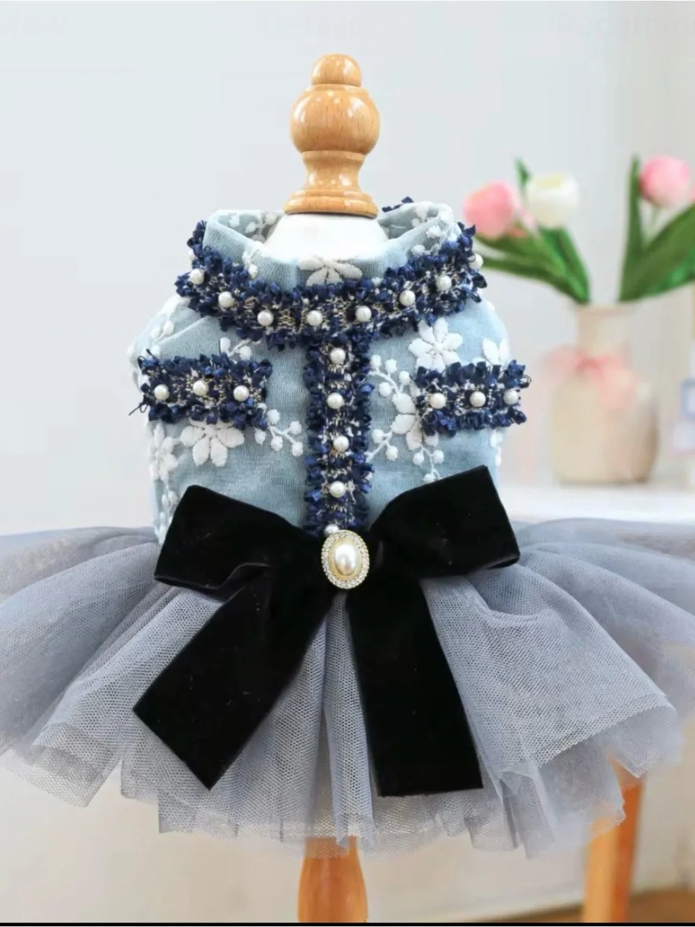 Pearl-Trim Blue Floral Tulle Dog Dress with Black Bow